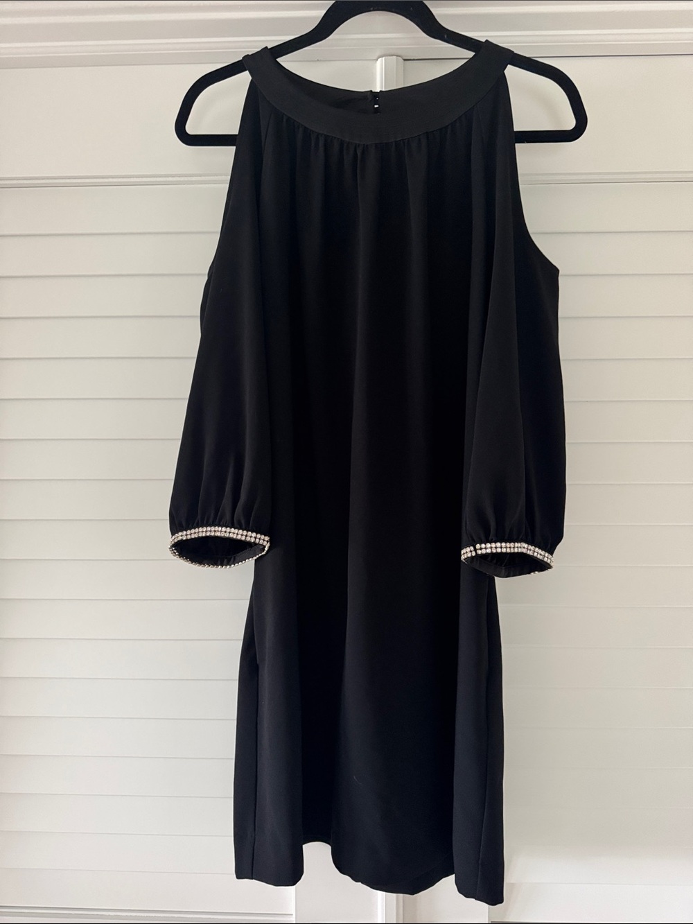 Trina Turk Black Cold-Shoulder Dress with Pearl Cuff Trim